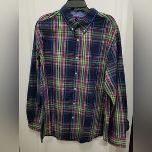 Chaps Men's Button Down shirt, Navy Purple Green plaid, XXL
